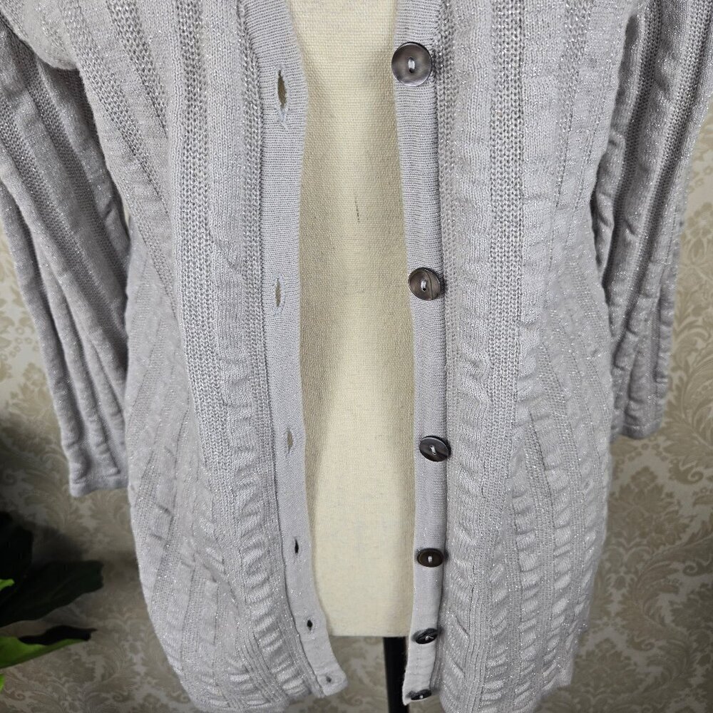 Ruby Rd Size Medium Silver Metallic Ribed Cardigan Button Front Knit Sweater - Picture 3 of 11